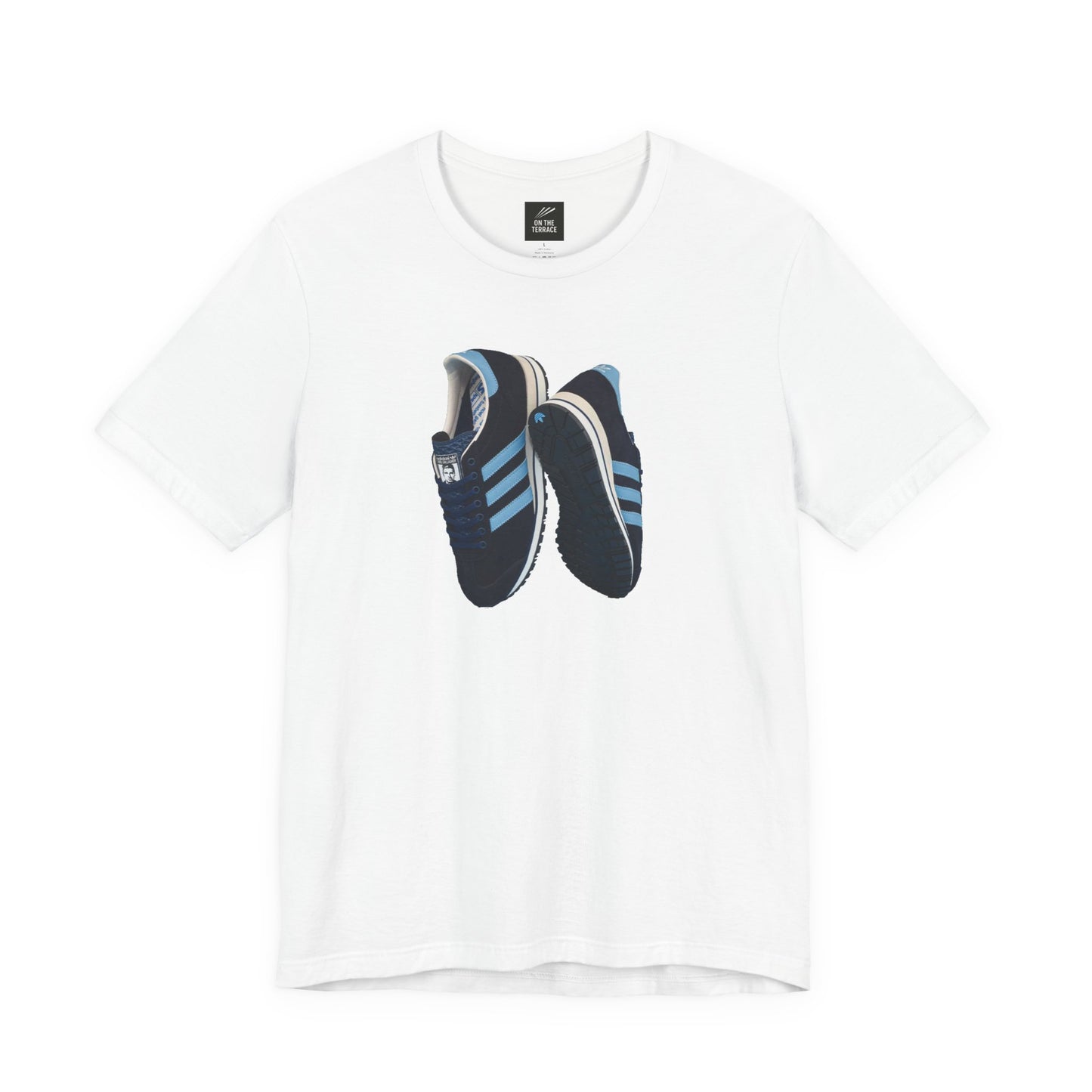 Oasis White t-shirt with a graphic print of blue and black sneakers on the front