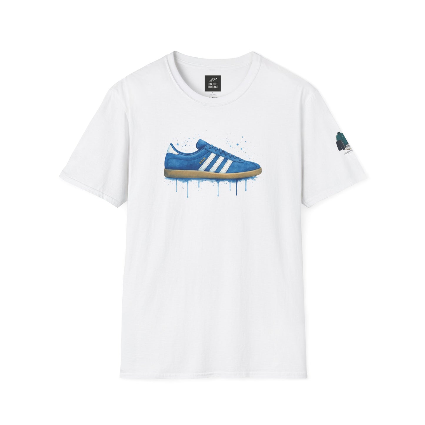 White T-shirt with a blue sneaker graphic featuring white stripes and paint drip effect
