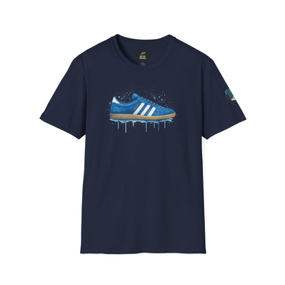 Navy blue t-shirt with dripping blue sneaker graphic featuring white stripes and gold text