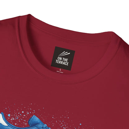 Close-up of red cotton T-shirt neckline with On The Terrace brand label size L
