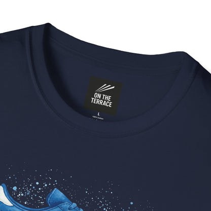 Close-up of navy blue cotton T-shirt collar with On The Terrace label and blue sneaker print