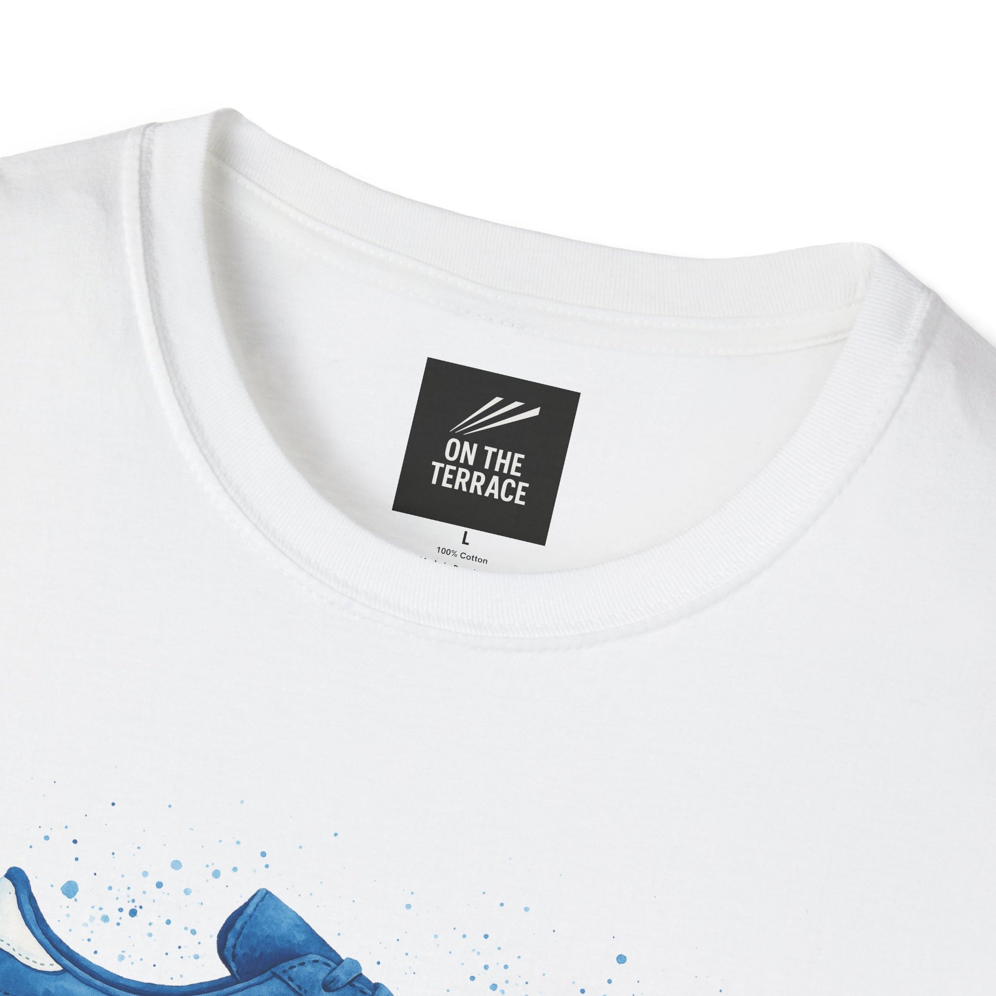 Close-up of white cotton T-shirt collar with On The Terrace brand label and blue shoe print