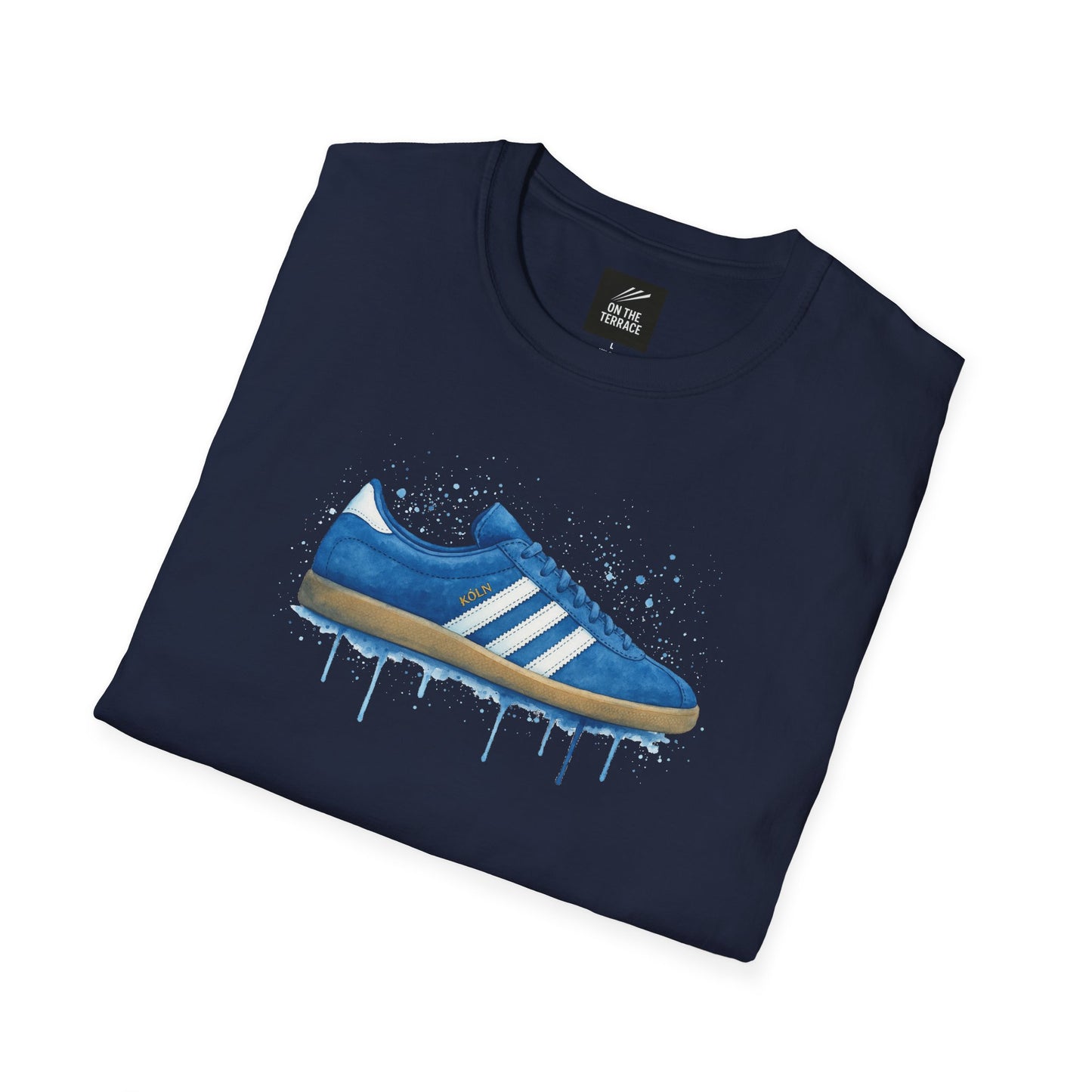 Navy blue t-shirt with graphic of blue and white sneaker labeled Köln and paint splatter design