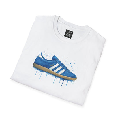 White t-shirt with a blue Köln sneaker graphic and dripping paint effect, branded On The Terrace