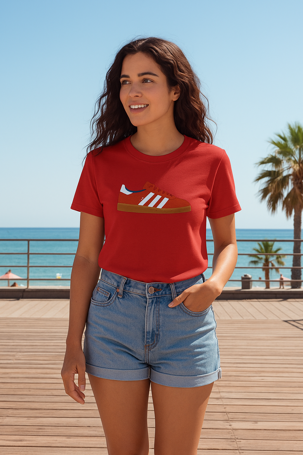 Smiling woman in red t-shirt with sneaker print and denim shorts on beach boardwalk