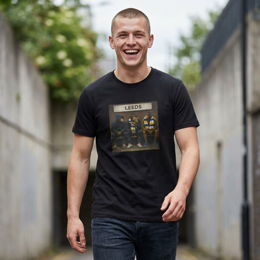 Man wearing a LUFC northern monkeys black t-shirt with 'Leeds' graphic, standing outdoors.