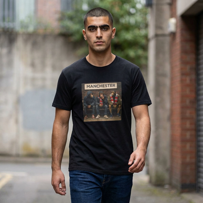 Man wearing a black MUFC northern monkeys t-shirt with a graphic design and text, standing on a street.