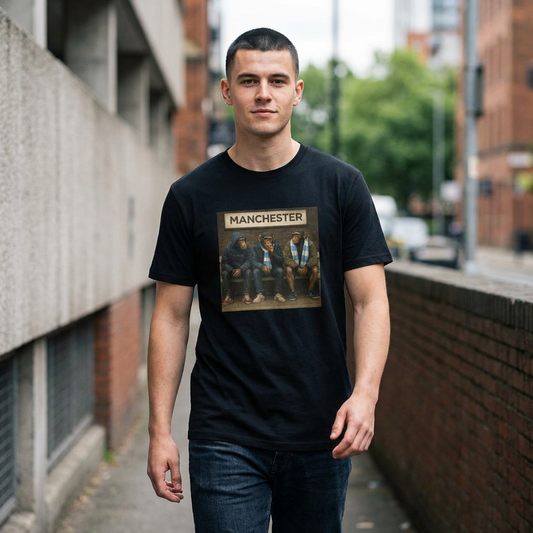 Man wearing a black MCFC northern monkeys t-shirt with a graphic design on a city street