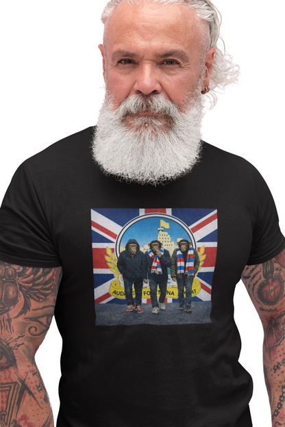 Man wearing a Black Linfield t-shirt on a white background