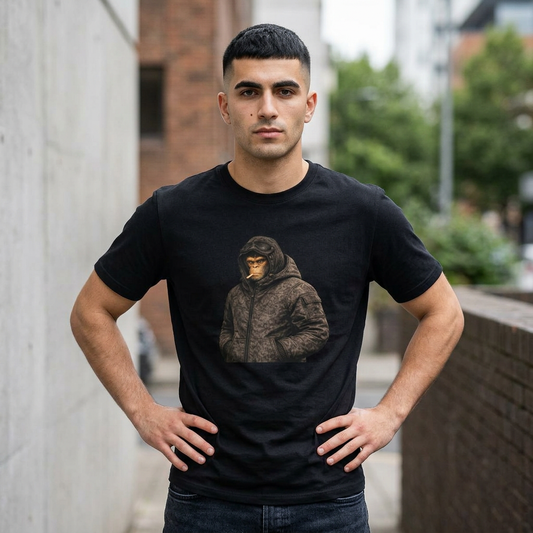 Man wearing a black Northern Monkeys t-shirt with a graphic design of a monkey in a coat, standing outdoors.
