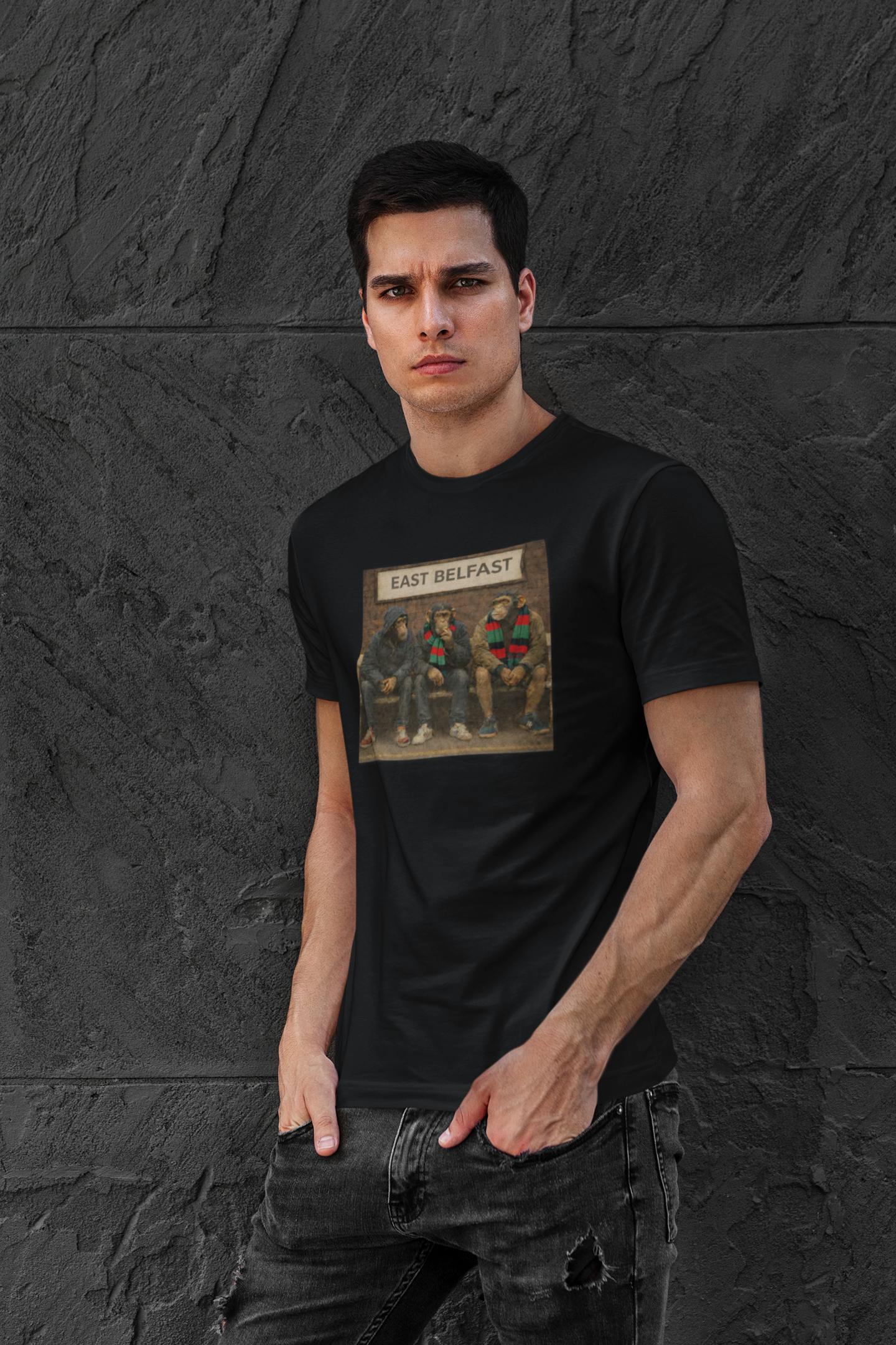 Man wearing a Black Glentoran Northern Monkeys t-shit 
