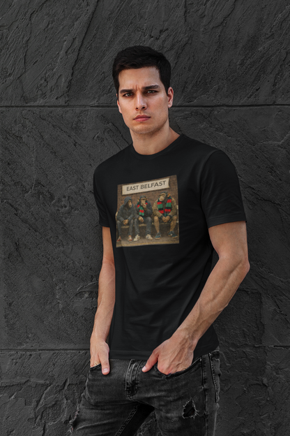Man wearing a Black Glentoran Northern Monkeys t-shit 