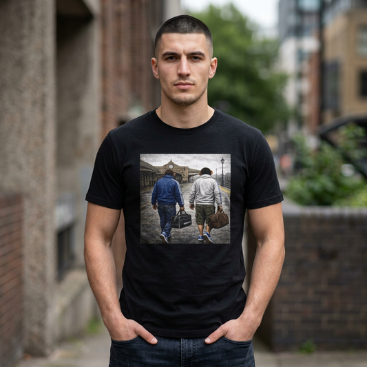 Man wearing a black Northern Monkeys t-shirt with a graphic design of two people walking on a street.