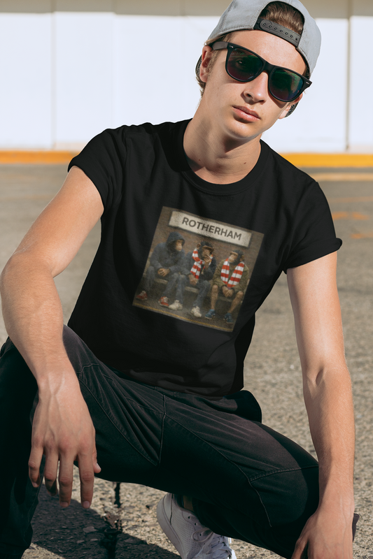 Person wearing a Black Rotherham Northern Monkeys t-shirt with a graphic of four people and 'Rotherham' text on a white background