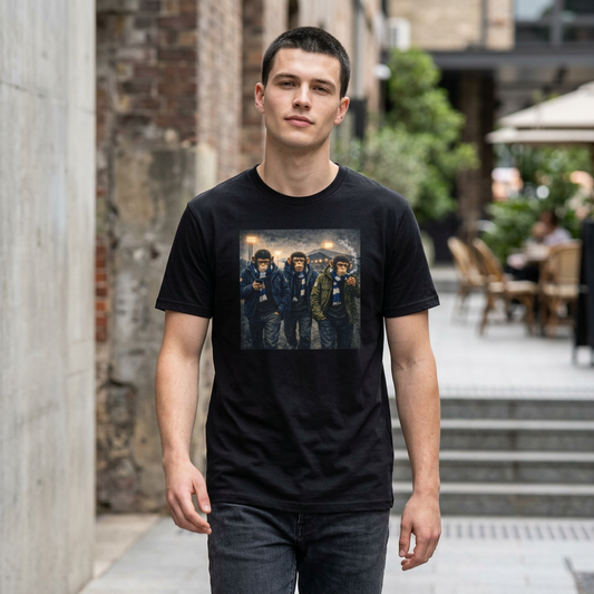 Man wearing a black Northern Monkeys t-shirt with a graphic design of four people on a street.