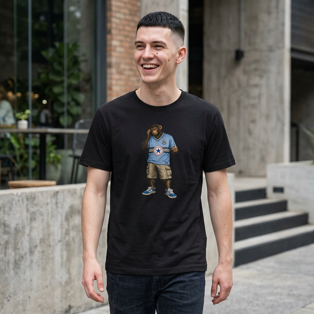 Man wearing a black Newcastle Northern Monkeys t-shirt with a graphic design of a bear in a Newcastle shirt and shorts, standing outdoors.