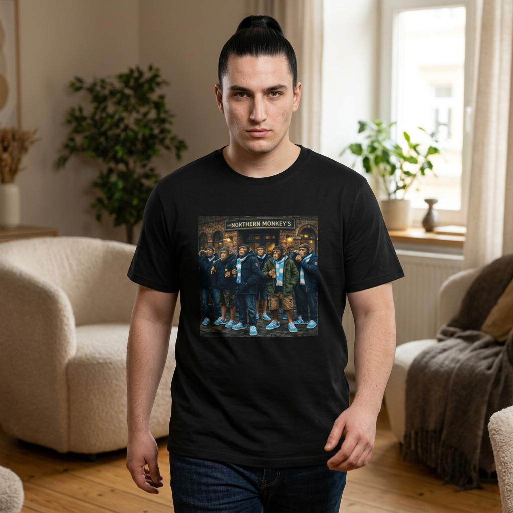 Man wearing a black Man City Northern Monkeys t-shirt with a graphic design in a living room.