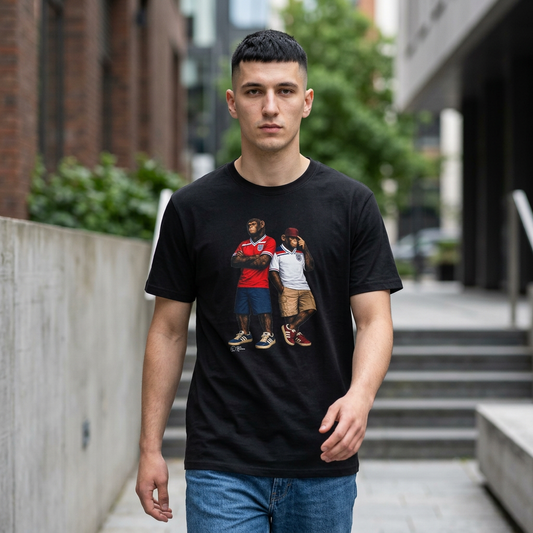 Man wearing a black short-sleeved t-shirt featuring a central graphic of two chimpanzees dressed as England national football team supporters. The chimpanzee on the left stands with arms crossed, wearing the iconic 1982 World Cup red away jersey with blue and white shoulder stripes. The chimpanzee on the right wears the matching 1982 white home jersey, khaki cargo shorts, and a red bucket hat, gesturing toward his head outdoors