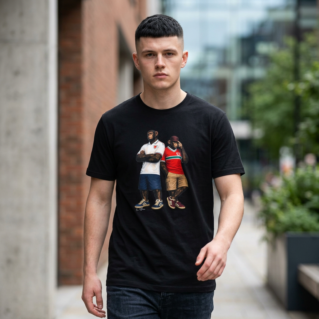 Man wearing a black short-sleeved t-shirt featuring a central graphic of two chimpanzees styled as Wales national football team supporters. The chimpanzee on the left stands with arms crossed, wearing a white away jersey with green and red trim on the collar and a red dragon crest. The chimpanzee on the right wears the classic red Wales home jersey featuring a prominent green and white horizontal chest stripe, paired with khaki cargo shorts and a burgundy bucket hat outdoors