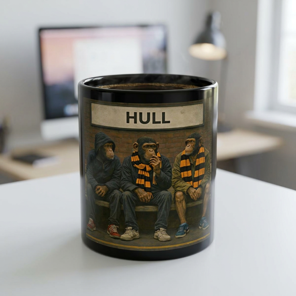 Mug with monkey design and 'HULL' text on a desk in an office setting
