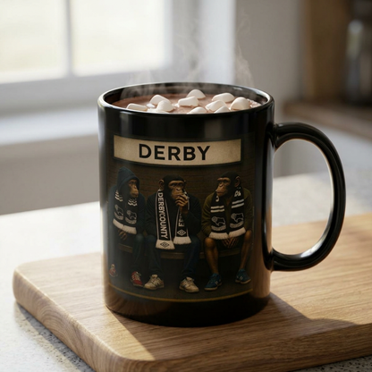 Black mug with 'DERBY' branding filled with hot chocolate and marshmallows on a wooden cutting board.