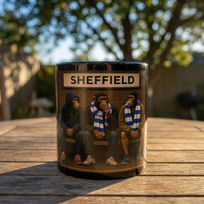 Ceramic mug with three chimpanzees wearing scarves and 'Sheffield' sign on a wooden surface with SWFC scarfs