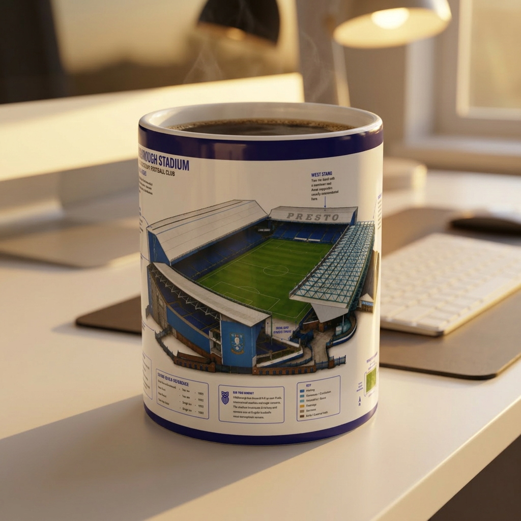 A white ceramic mug with a blue rim featuring a detailed graphic print from the file Front.jpg, showing a 3D isometric architectural guide of Sheffield Wednesday's Hillsborough Stadium with detailed labels, a color-coded key, and stand information.