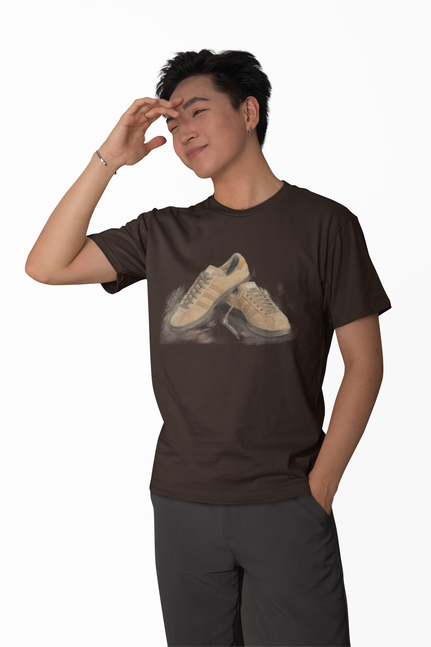 Brown Adidas Samba graphic t-shirt with detailed sneaker print showing side and sole view