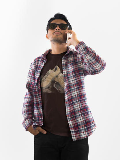 Brown Adidas Samba graphic t-shirt with detailed sneaker print showing side and sole view