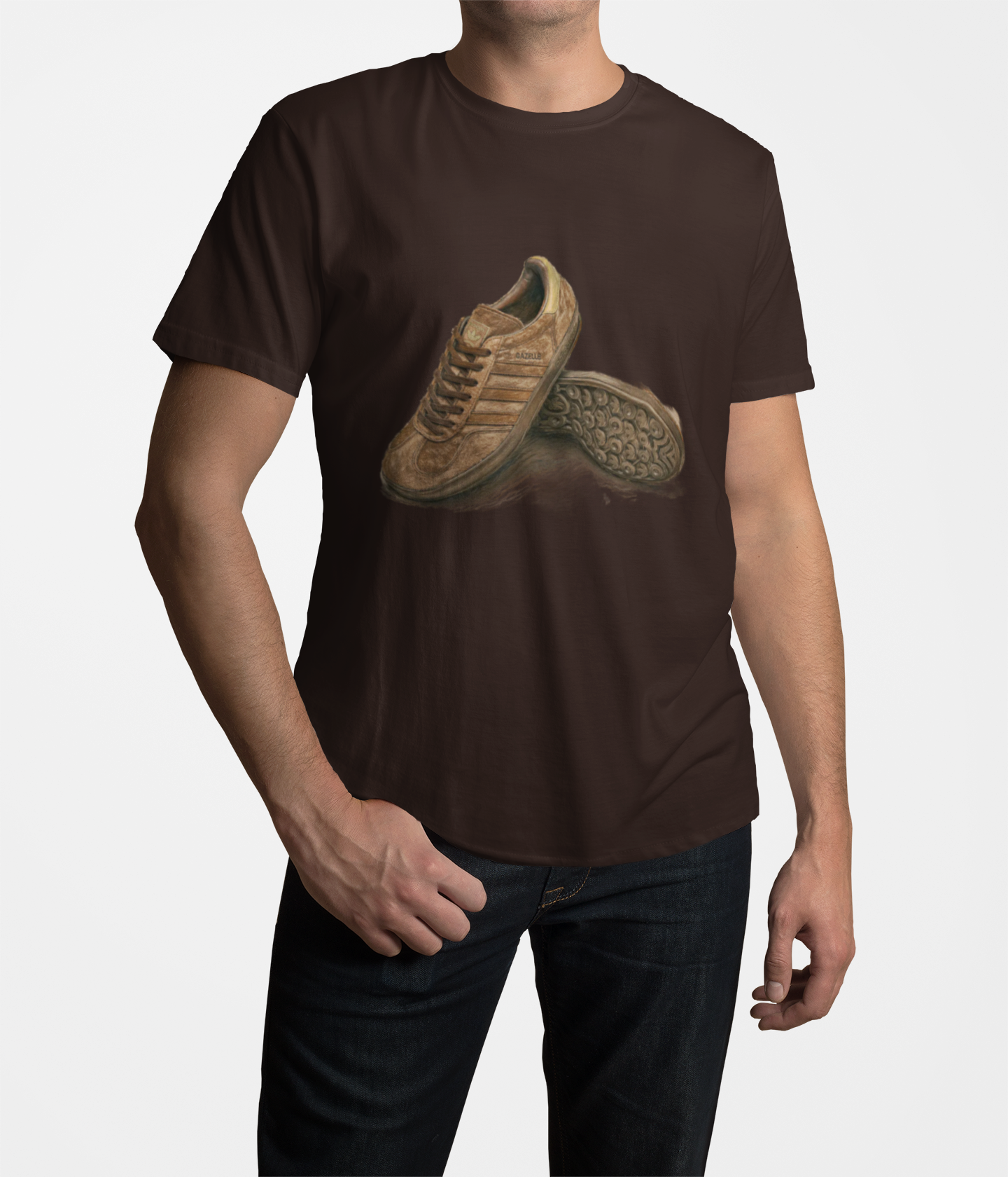 Person wearing a Brown t-shirt with a adidas sneaker graphic