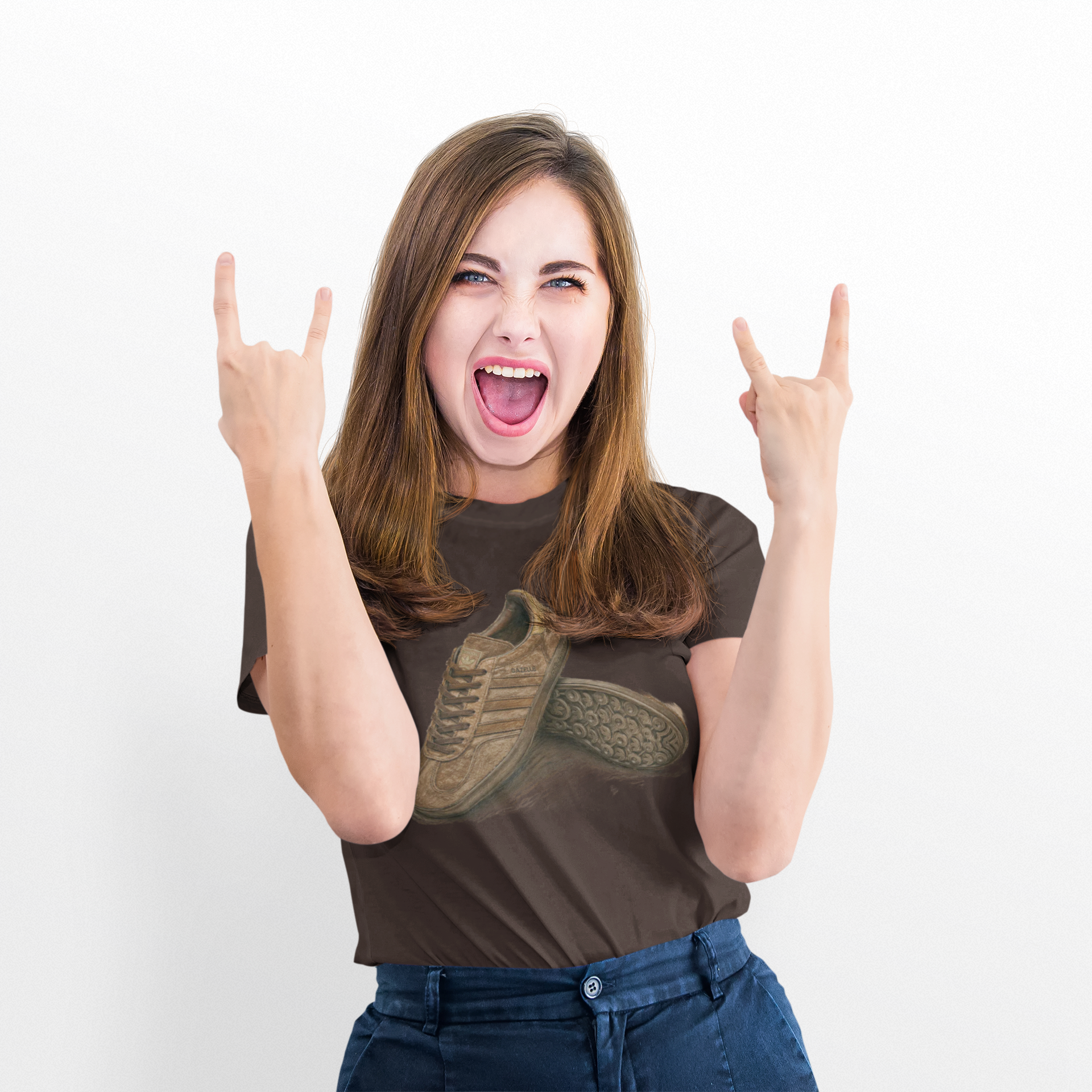 Woman wearing a Brown t-shirt with a adidas sneaker graphic