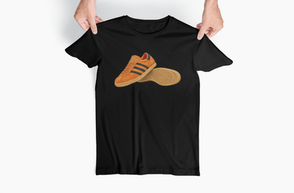 Black t-shirt with orange retro sneaker graphic print showing side and sole view
