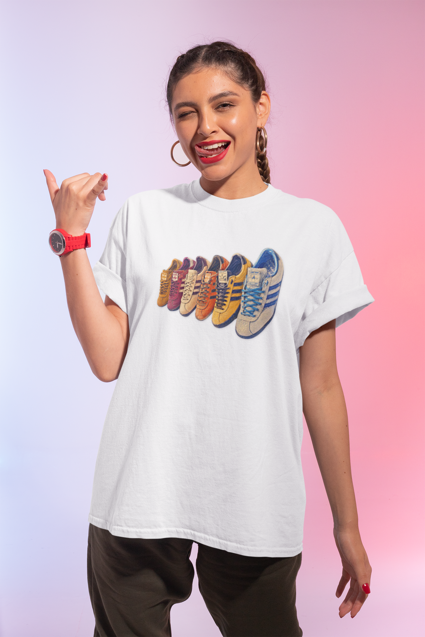 White t-shirt with colorful row of retro sneakers graphic print