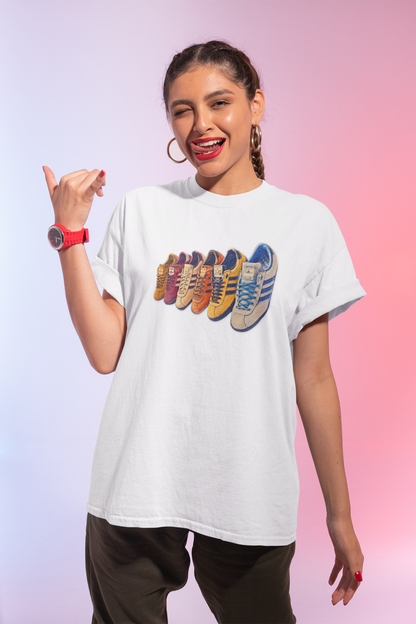 White t-shirt with colorful row of retro sneakers graphic print