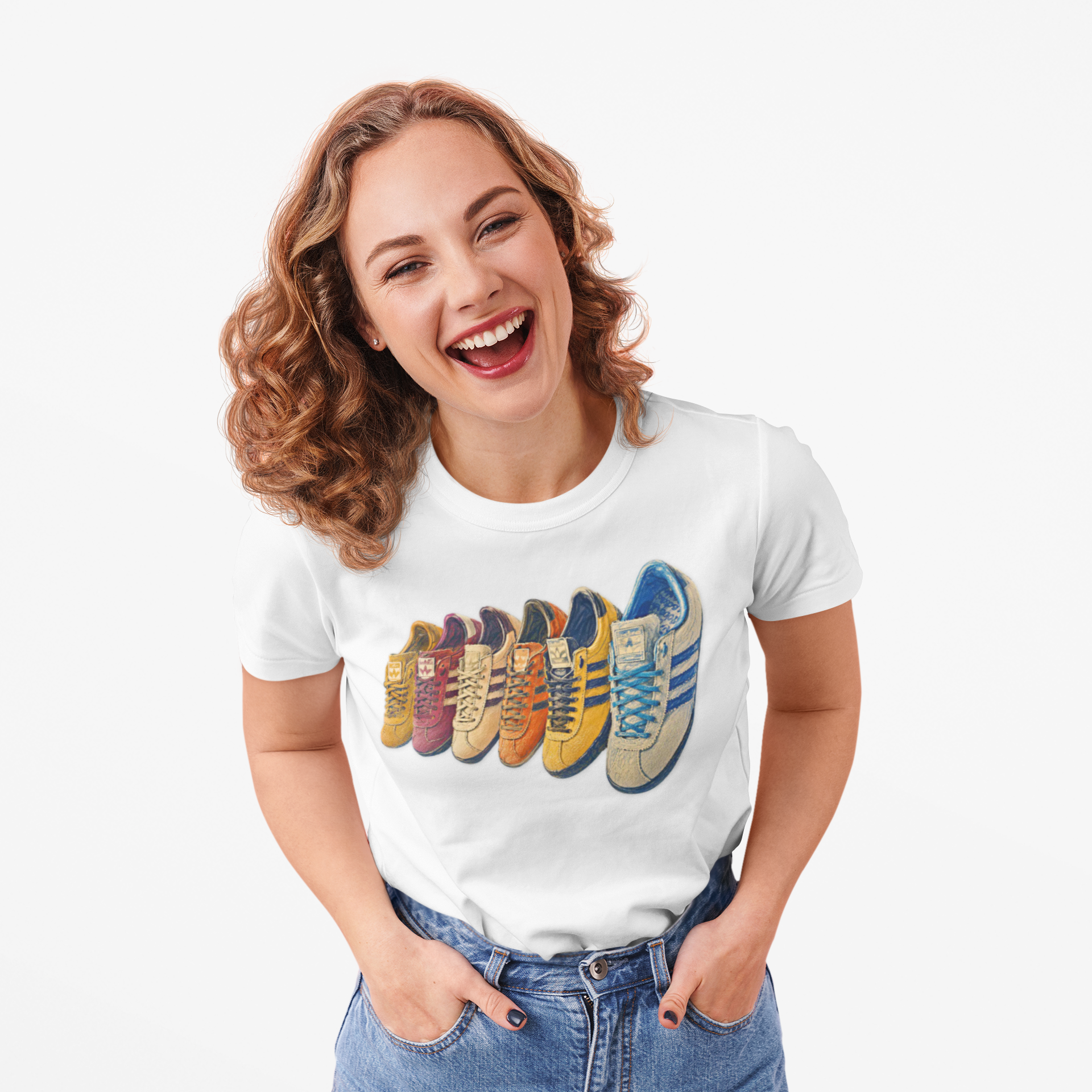 White t-shirt with colorful row of retro sneakers graphic print