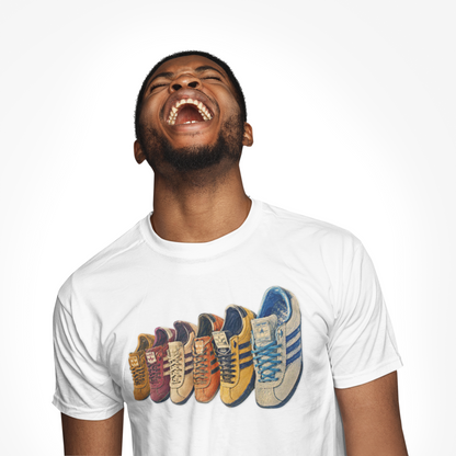 White t-shirt with colorful row of retro sneakers graphic print