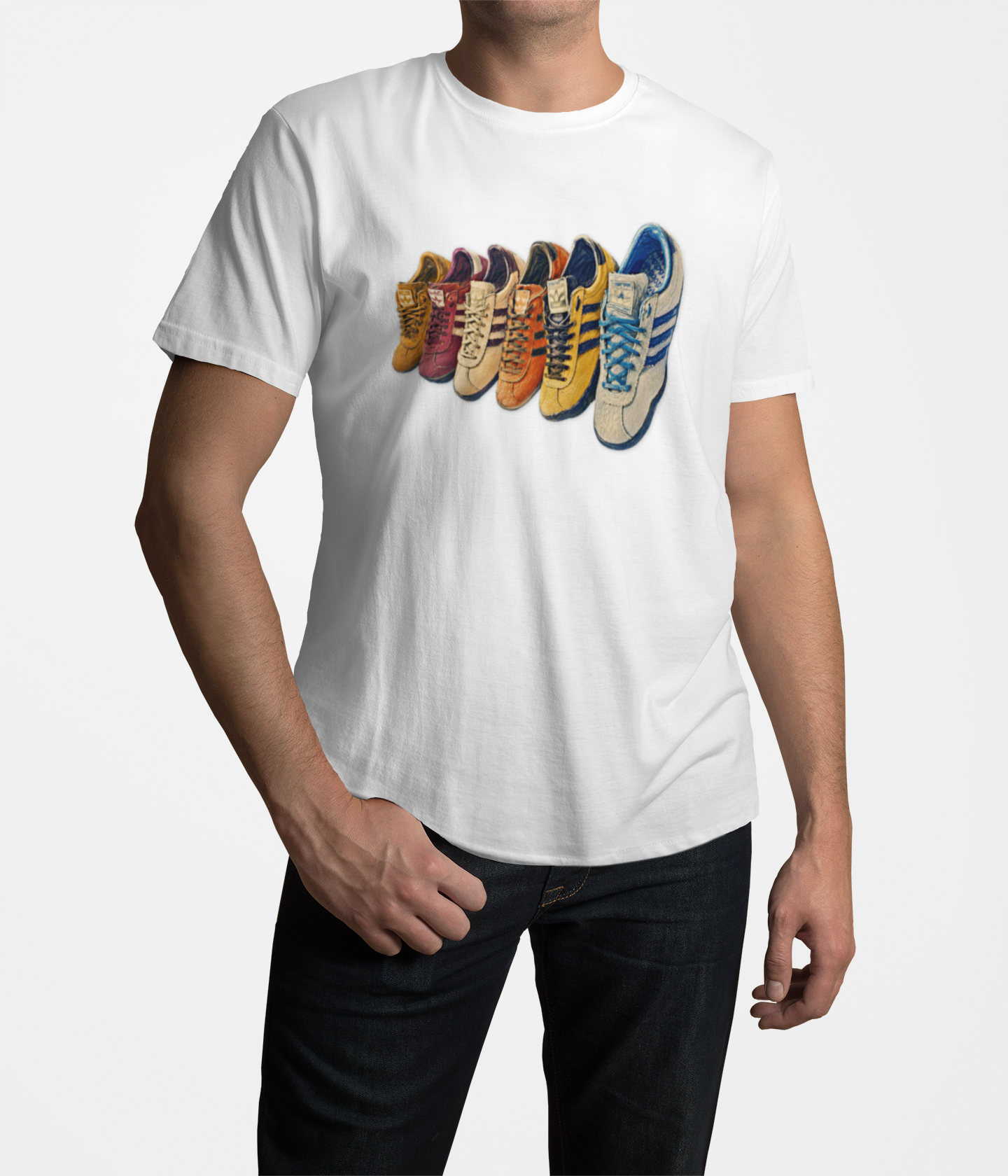 White t-shirt with colorful row of retro sneakers graphic print