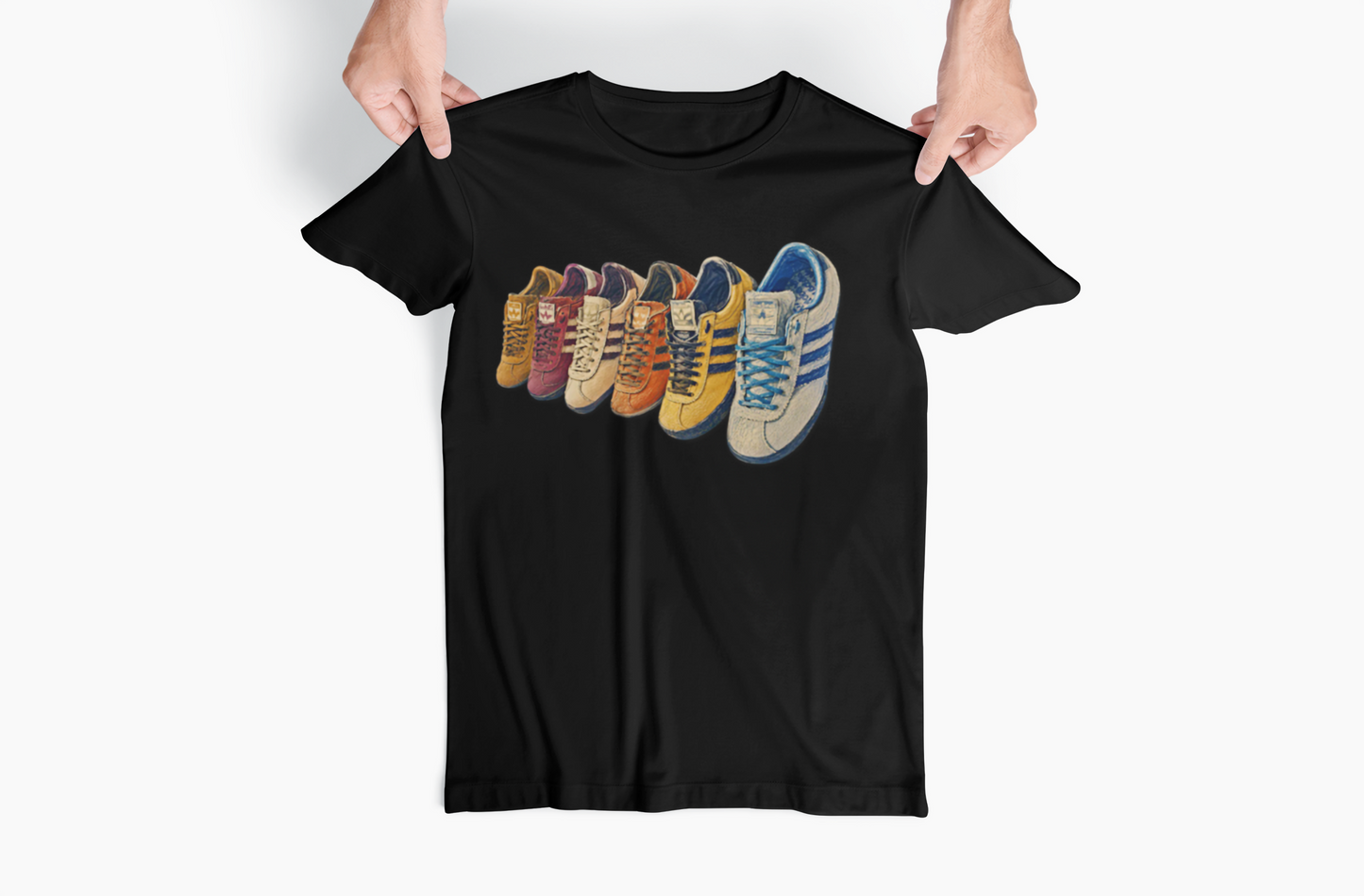 black t-shirt with 5 adidas style trainers