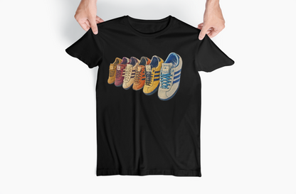 black t-shirt with 5 adidas style trainers