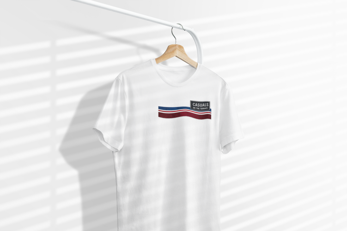 White Casuals On The Terrace graphic t-shirt with retro blue red and white stripes