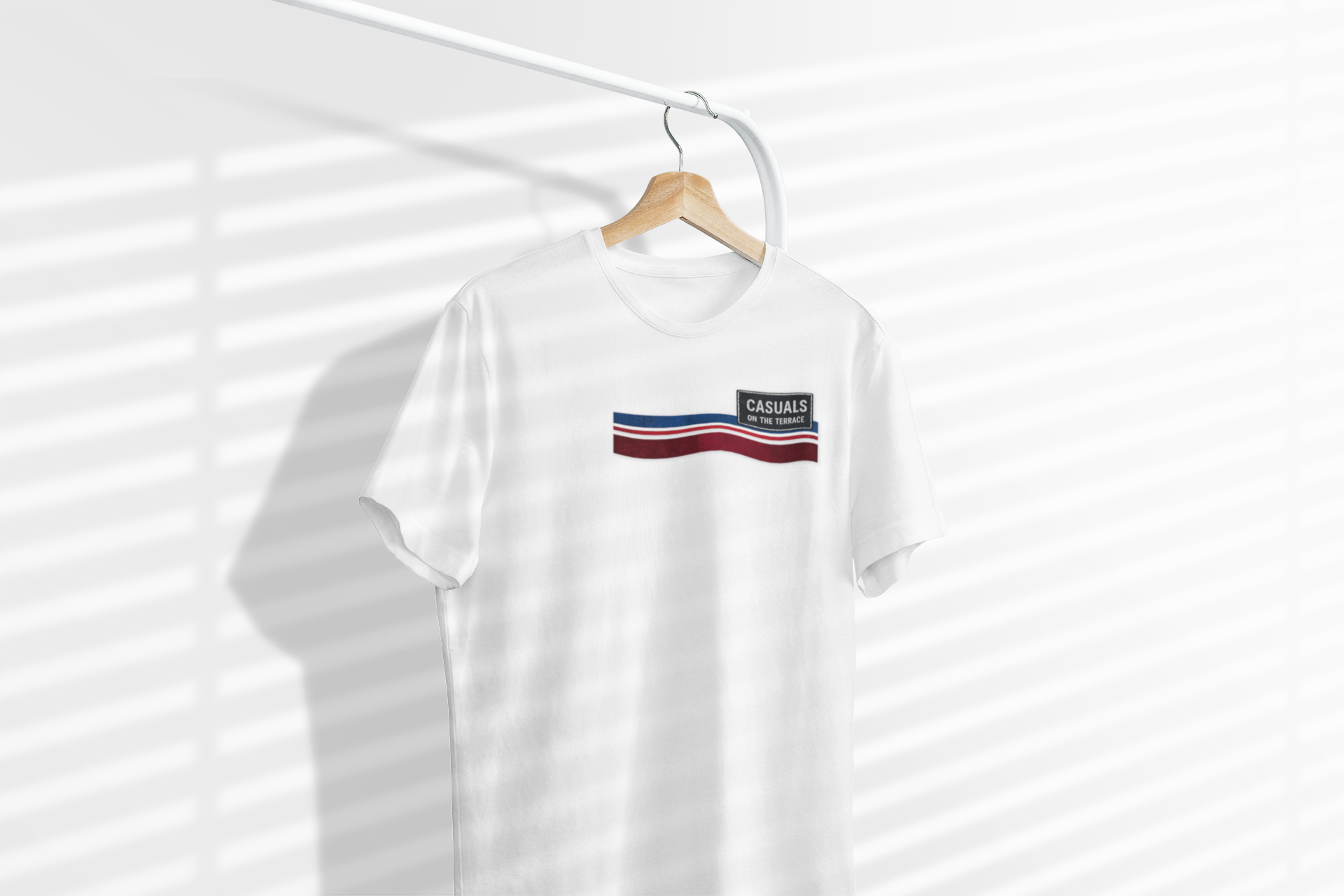 White Casuals On The Terrace graphic t-shirt with retro blue red and white stripes