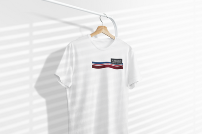 White Casuals On The Terrace graphic t-shirt with retro blue red and white stripes