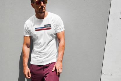 White Casuals On The Terrace graphic t-shirt with retro blue red and white stripes