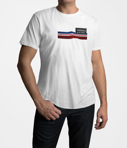 White Casuals On The Terrace graphic t-shirt with retro blue red and white stripes