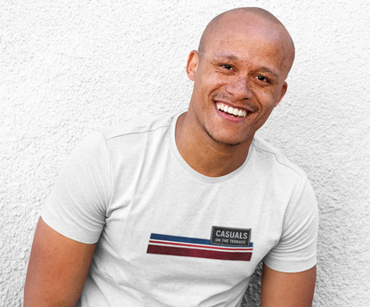 White Casuals On The Terrace graphic t-shirt with retro blue red and white stripes