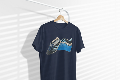 Navy blue retro sneaker graphic t-shirt with vintage trainer and shoebox print