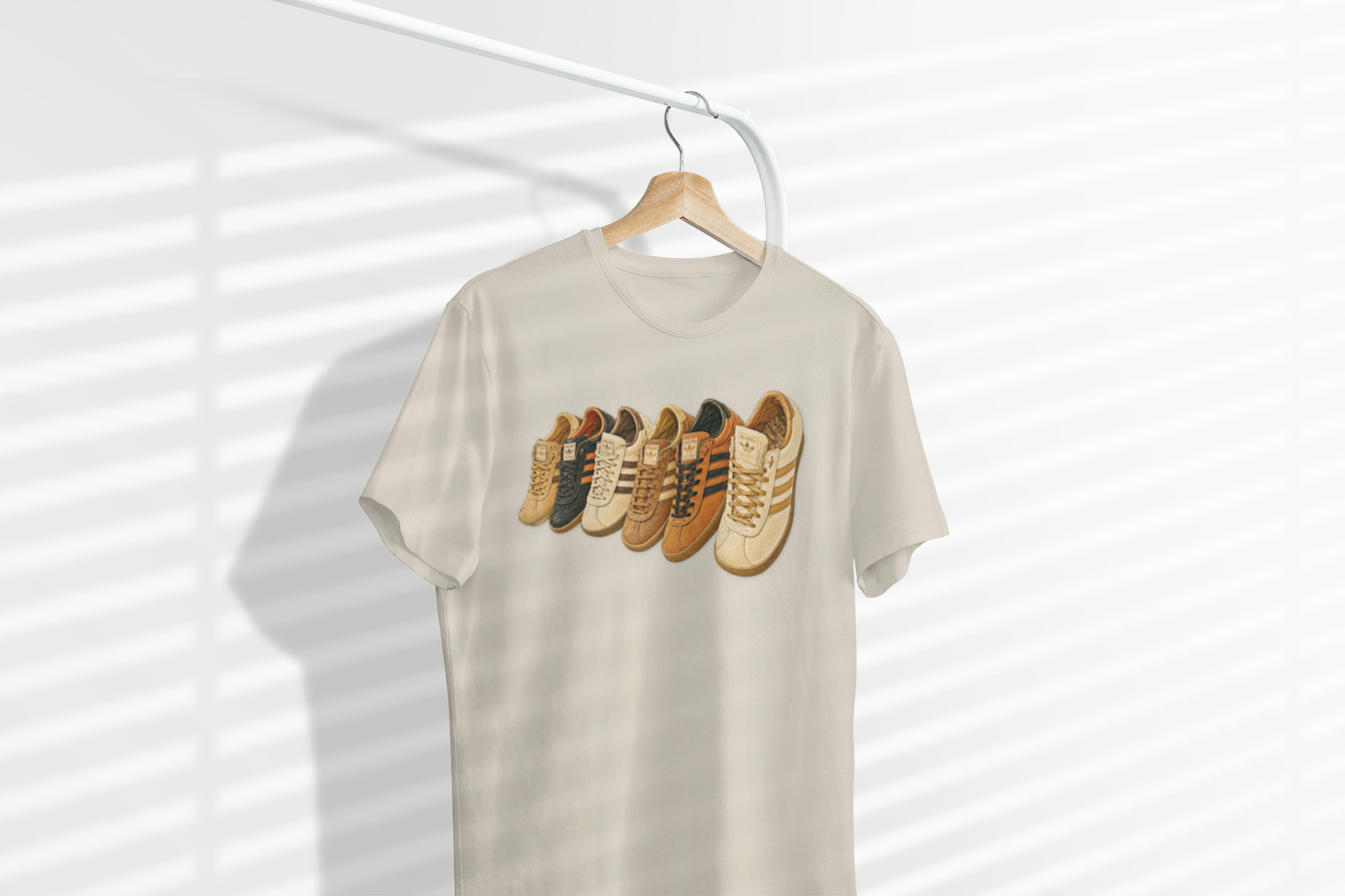 Beige multi retro sneaker graphic t-shirt with colorful vintage trainer collection print