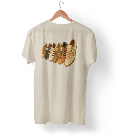 Beige multi retro sneaker graphic t-shirt with colorful vintage trainer collection print