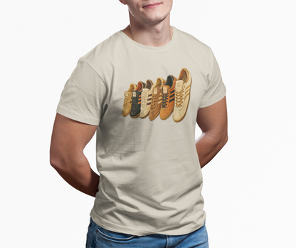 Beige multi retro sneaker graphic t-shirt with colorful vintage trainer collection print