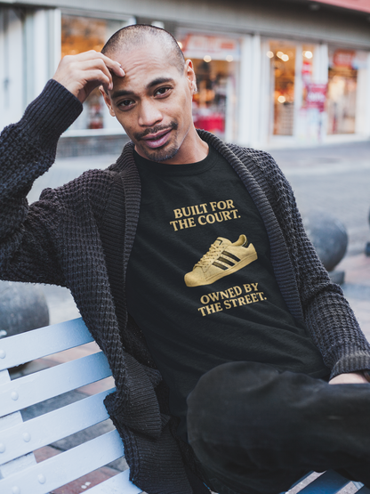 Black Built For The Court Owned By The Street retro sneaker graphic t-shirt